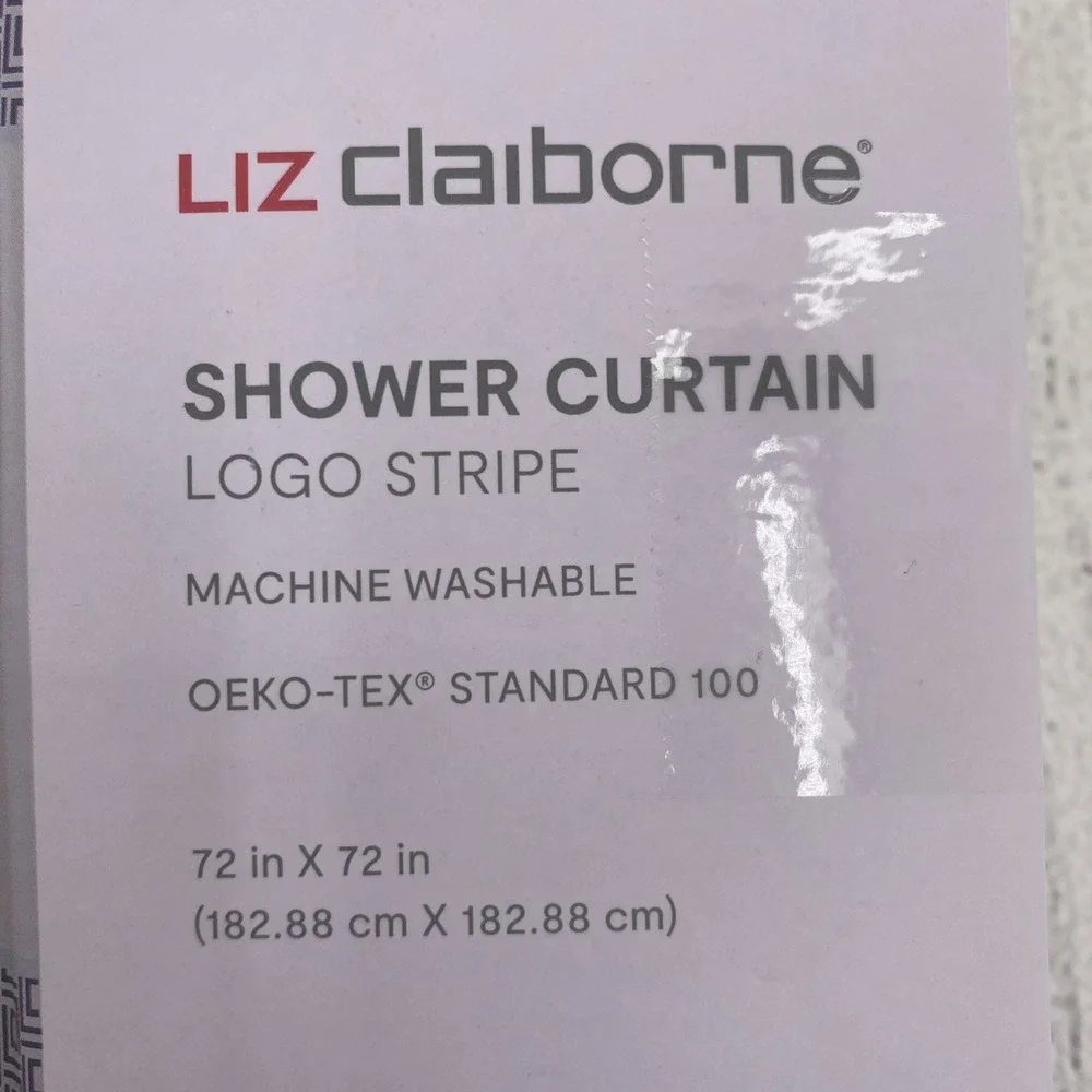 Liz Claiborne Shower Curtain White Navy Blue Logo Stripe Geometric 100% Cotton
